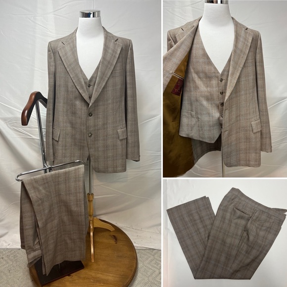 Vintage Other - Vintage Men's Hardy Amies Beige Plaid 3 Piece 48XL Blazer 41x33 Pants 70s Suit